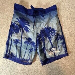 Vintage Corona Men Surf Beach Bermuda Swim Shorts Trunks Size M Blue Palm Trees